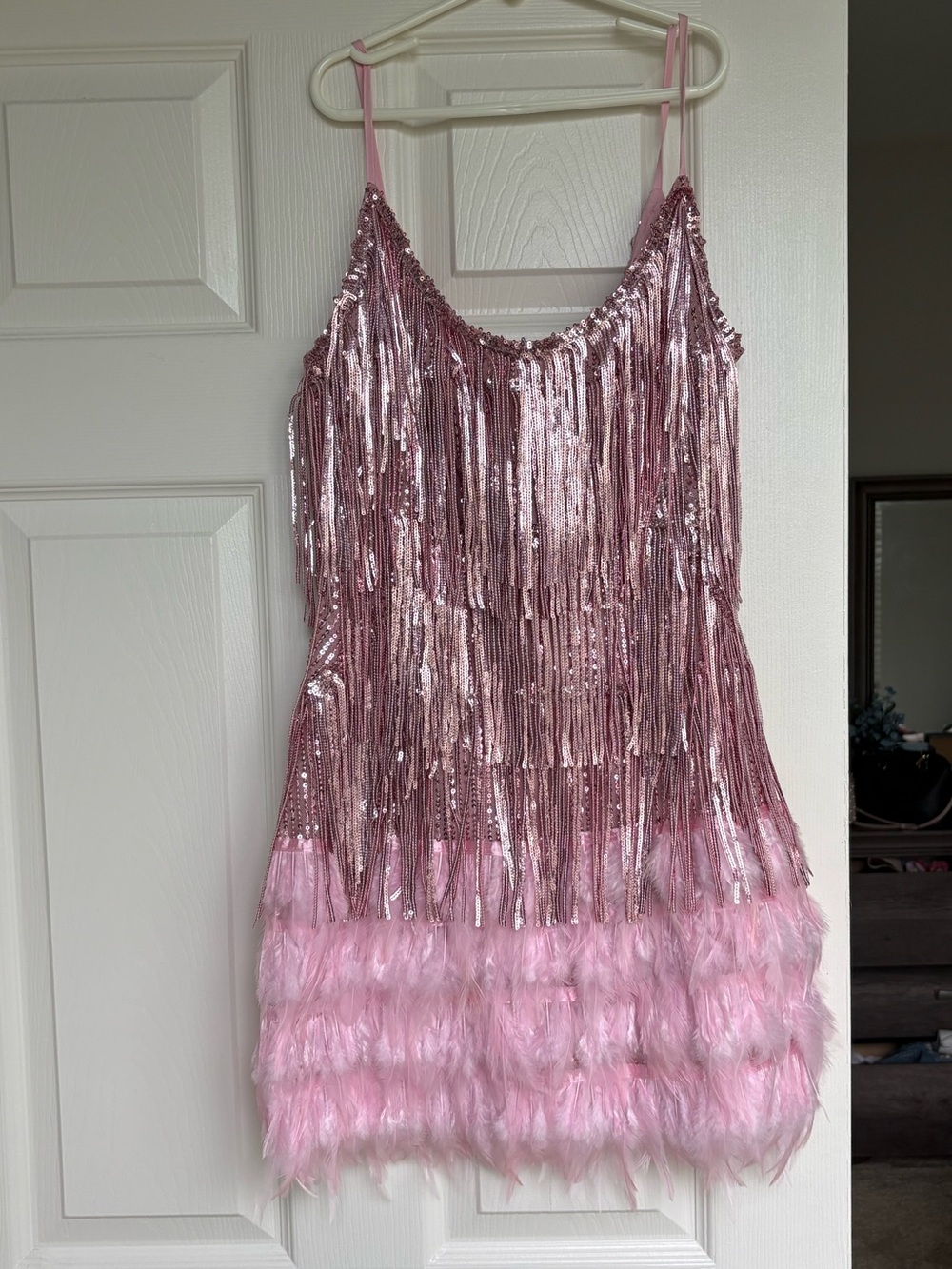 Pink Sequin Fringe Mini Dress with Feather Hem